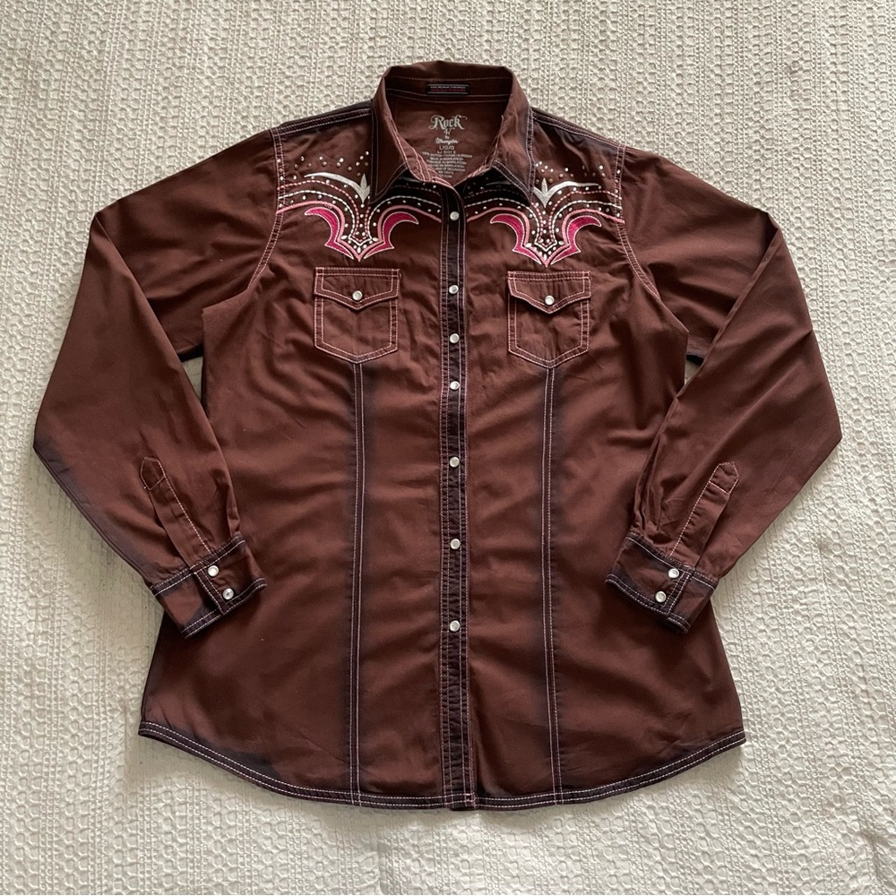 Vintage 2000s brown and pink western button up with rhinestones and embroidery